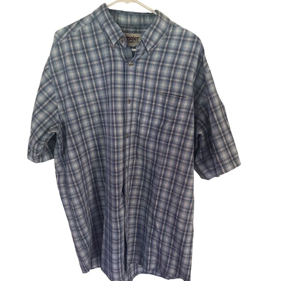 Wrangler rugged wear blue and white plaid button up short sleeve shirt size XL - Picture 1 of 6